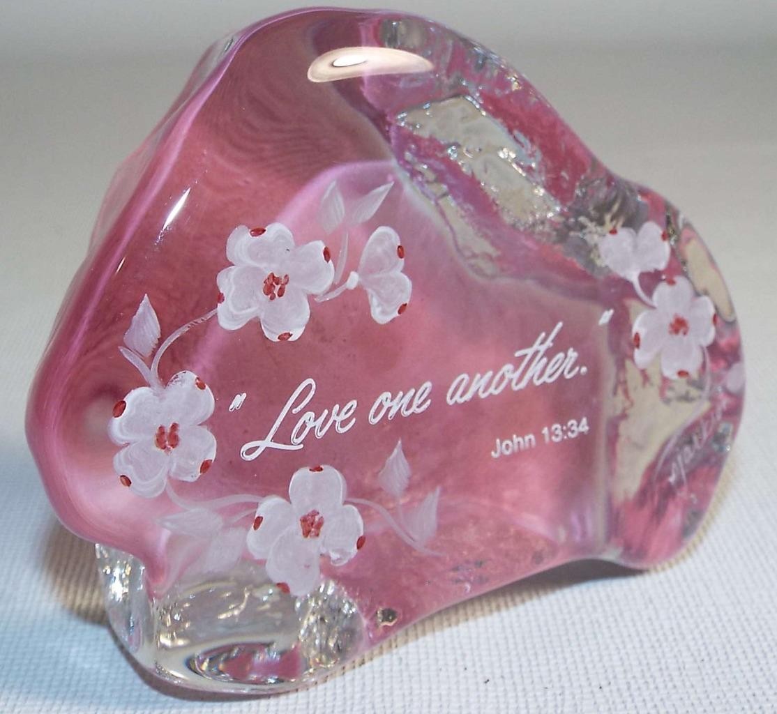 Fenton Pink Glass Iceberg Paperweight Love One Another John 13:34 Hand Painted