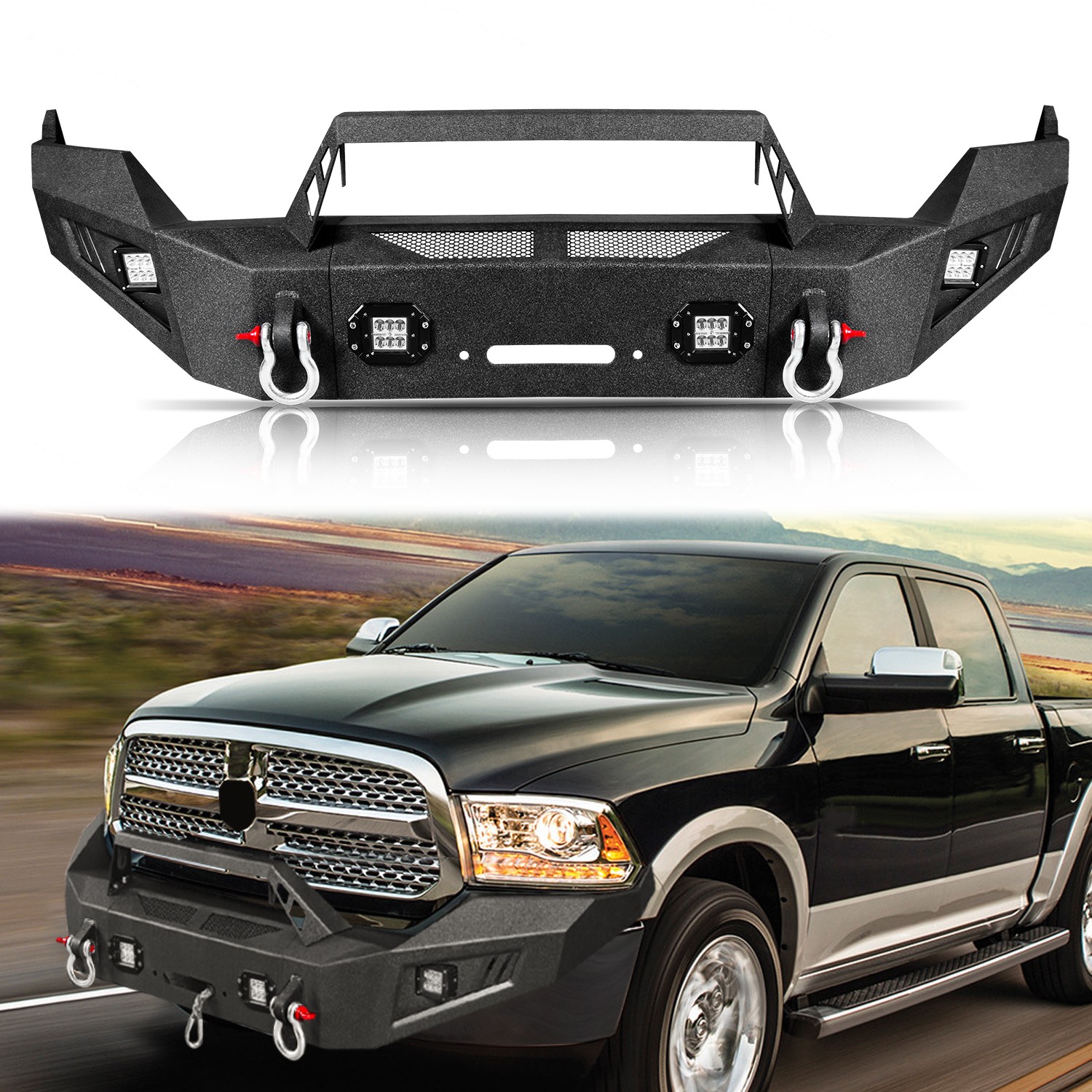 Fits 2013-18 Dodge Ram 1500 Black Front Bumper W/ Winch Plate LED Lights D-Rings Fits 2013-18 Dodge Ram 1500 Black Front Bumper W/ Winch Plate LED Lights D-Rings