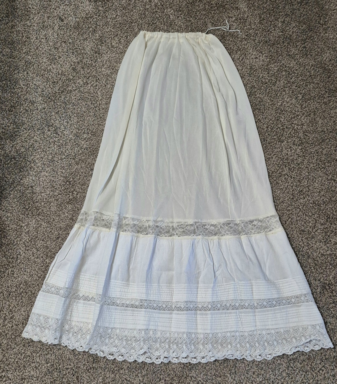 Antique Edwardian White Batiste Cotton Tiered Lace Cutwork Petticoat Skirt Slip