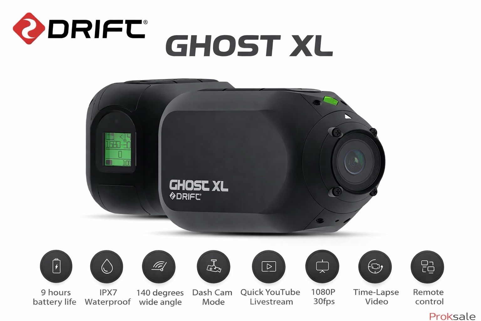 Drift Ghost XL Action Camera 1080p 30fps IPX7 WiFi 300° Lens Dash Cam 9Hr, New.