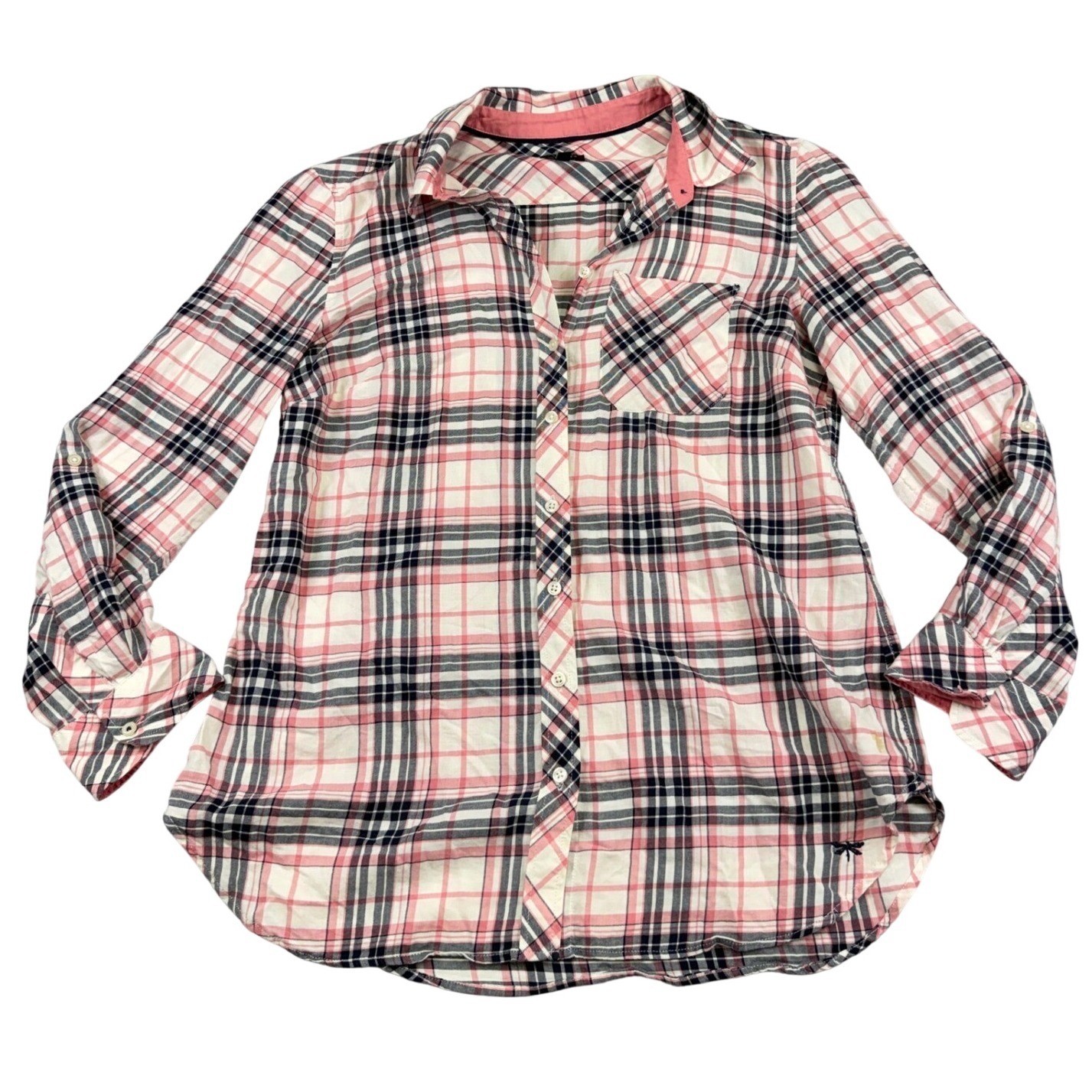Talbots Petites Pink Navy Plaid Cotton Button Down Shirt Petite Medium MP