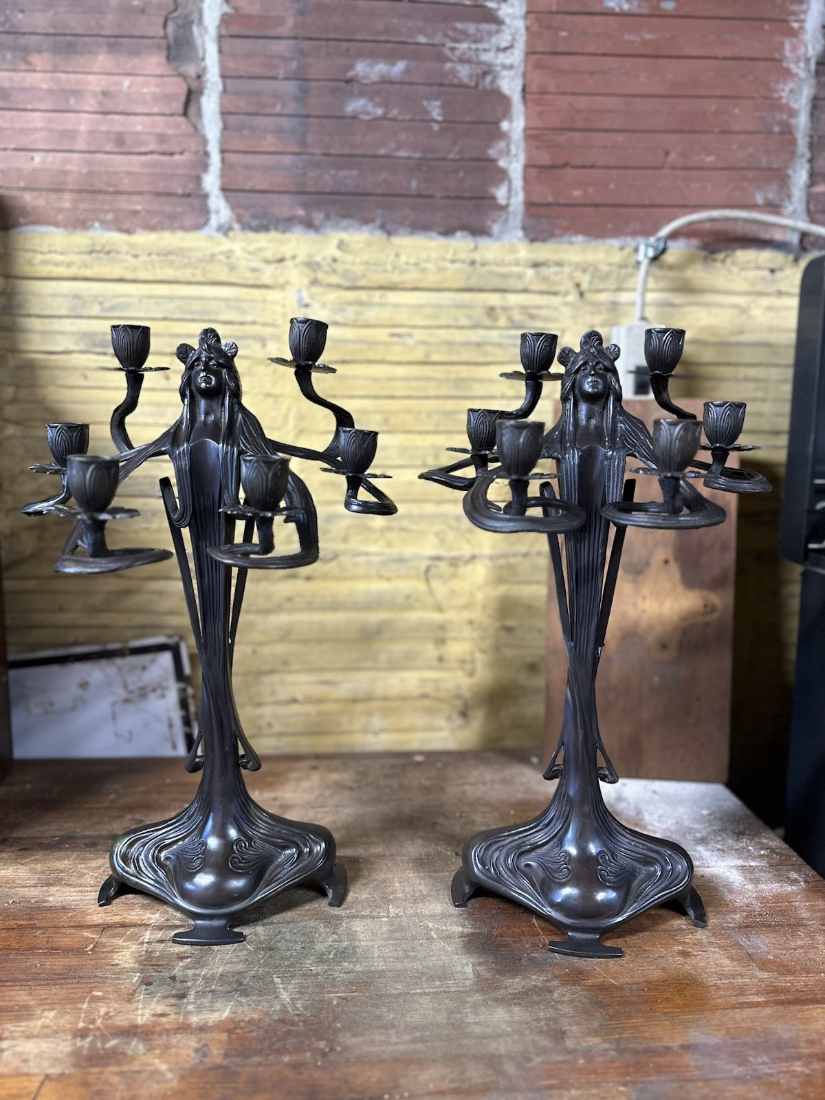 2 Antique Art Nouveau Bronze Candelabras Lady 2 Antique Art Nouveau Bronze Candelabras Lady