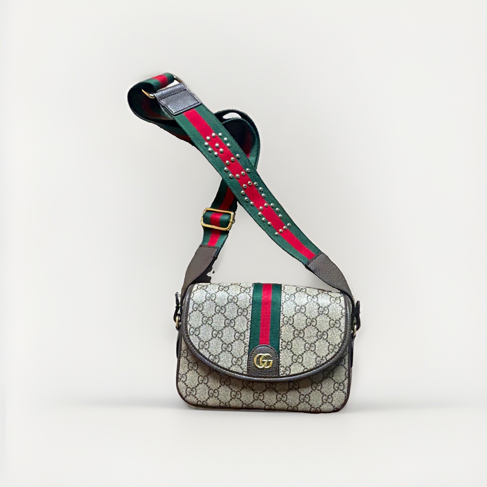 Gucci GG Monogram Crossbody Bag Beige/Brown with Red & Green Web Strap
