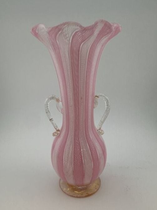 Murano Art Glass Vase Pink White Zanfirico Latticino Filigree Gold Aventurine