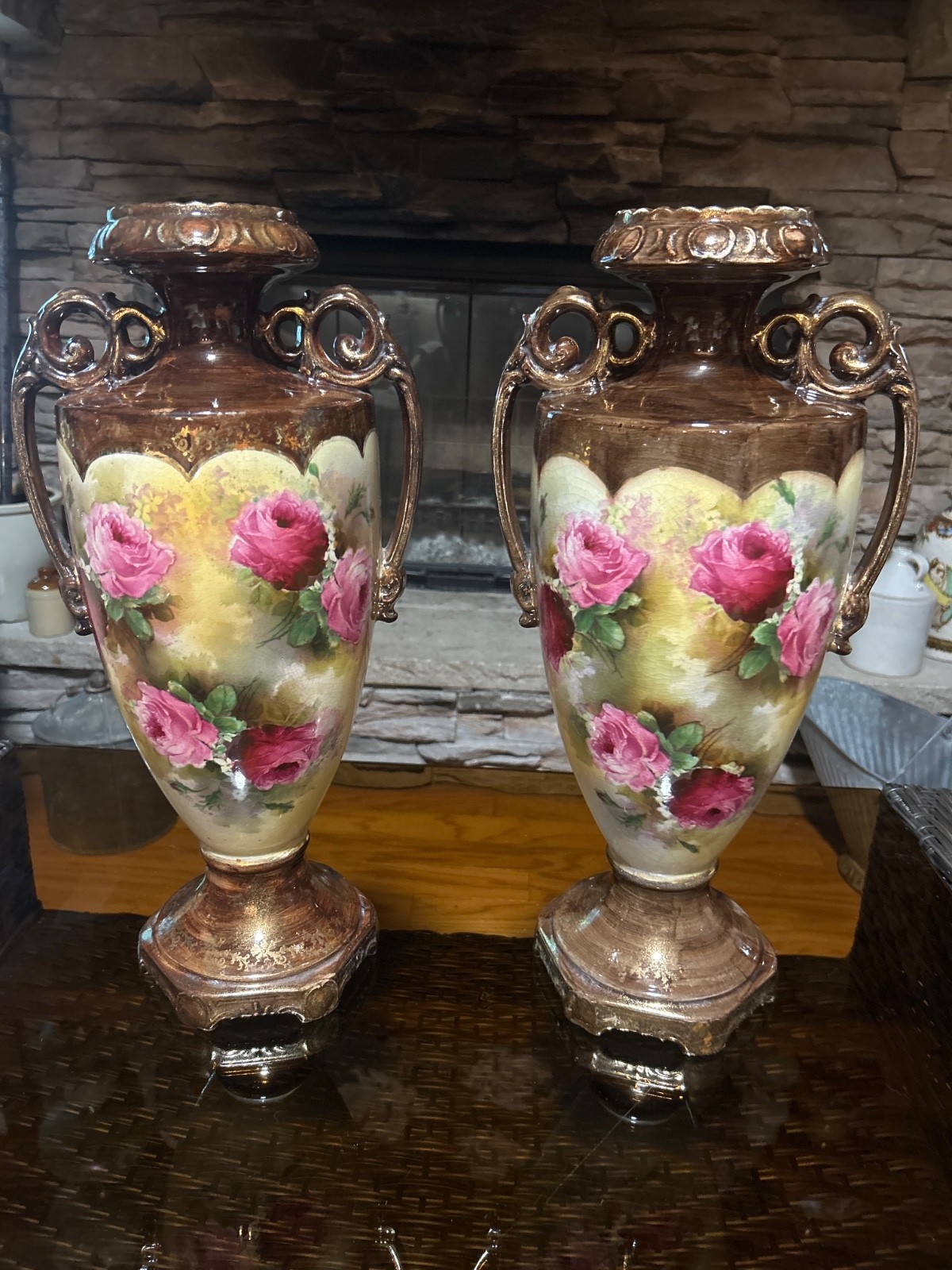 19 inch Set of 2 Antique Rose Floral Porcelain Vases Marked No. 118 on Bottom