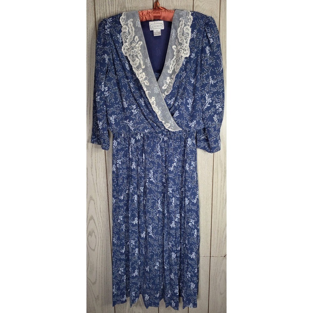 Vintage Liz Roberts 80s Blue Floral Midi Wrap Dress Lace Collar Cottagecore 10