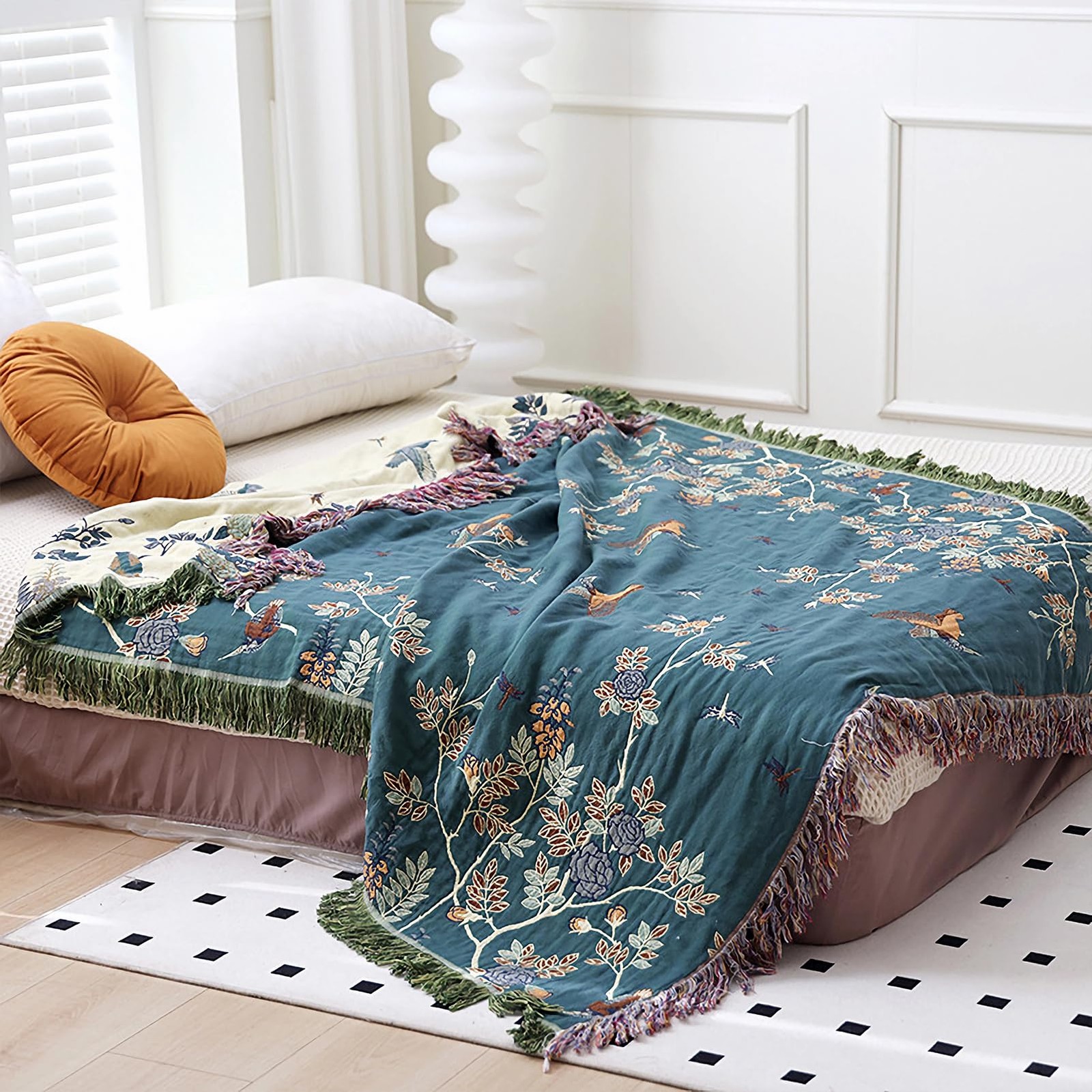 Snycler Boho Throw Blanket 100% Cotton Green Floral Bird Printed 60\ Snycler Boho Throw Blanket 100% Cotton Green Floral Bird Printed 60\
