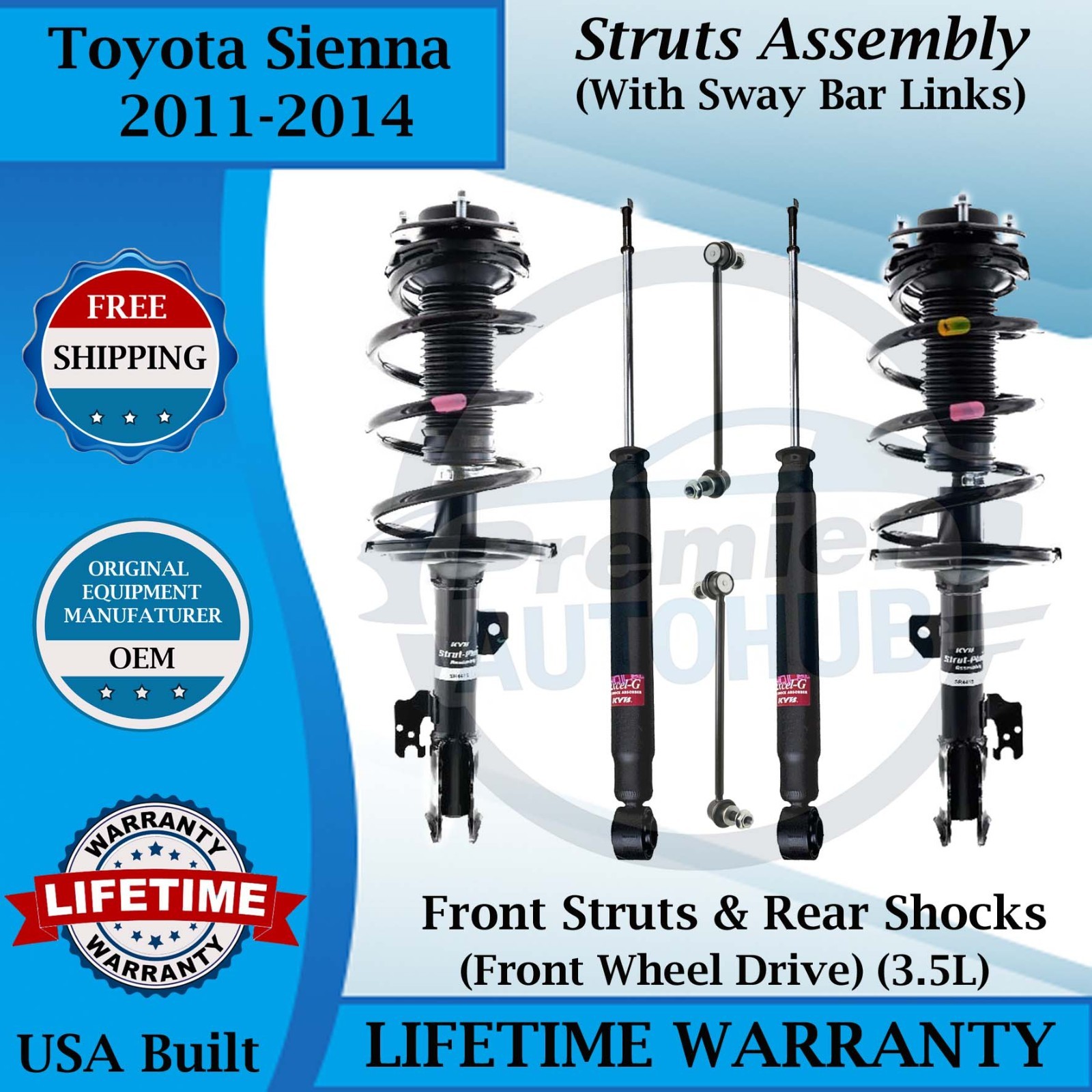 KYB Front Struts W/Sway Bar & Rear Shocks For 2011-2014 Toyota Sienna 2WD 9 Yr W
