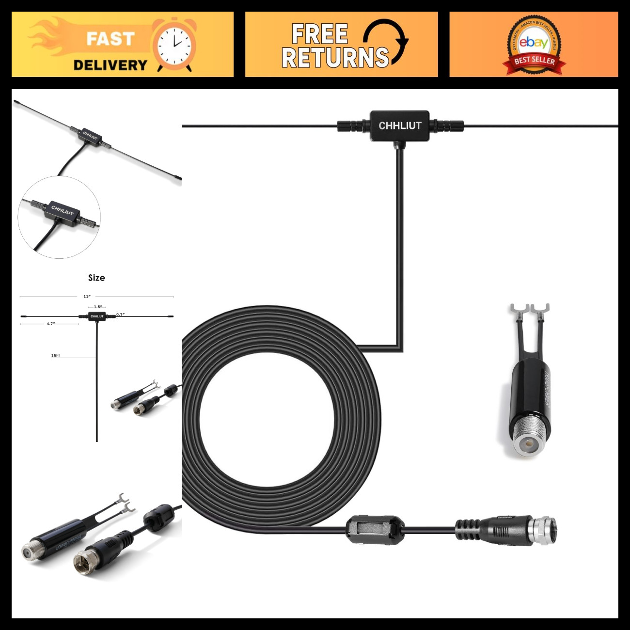 Universal FM Dipole Antenna 75 Ohm - High Gain Stereo Receiver Accessory