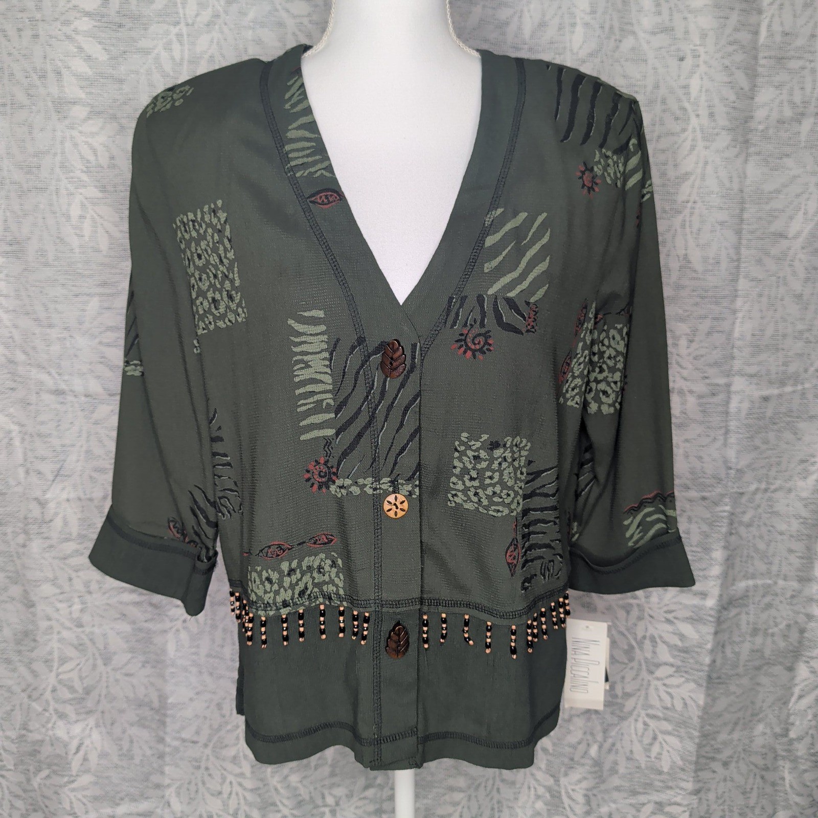 Vintage Nina Piccalino Olive Green Animal Print Beaded Fringe Jacket Size 10 Vintage Nina Piccalino Olive Green Animal Print Beaded Fringe Jacket Size 10