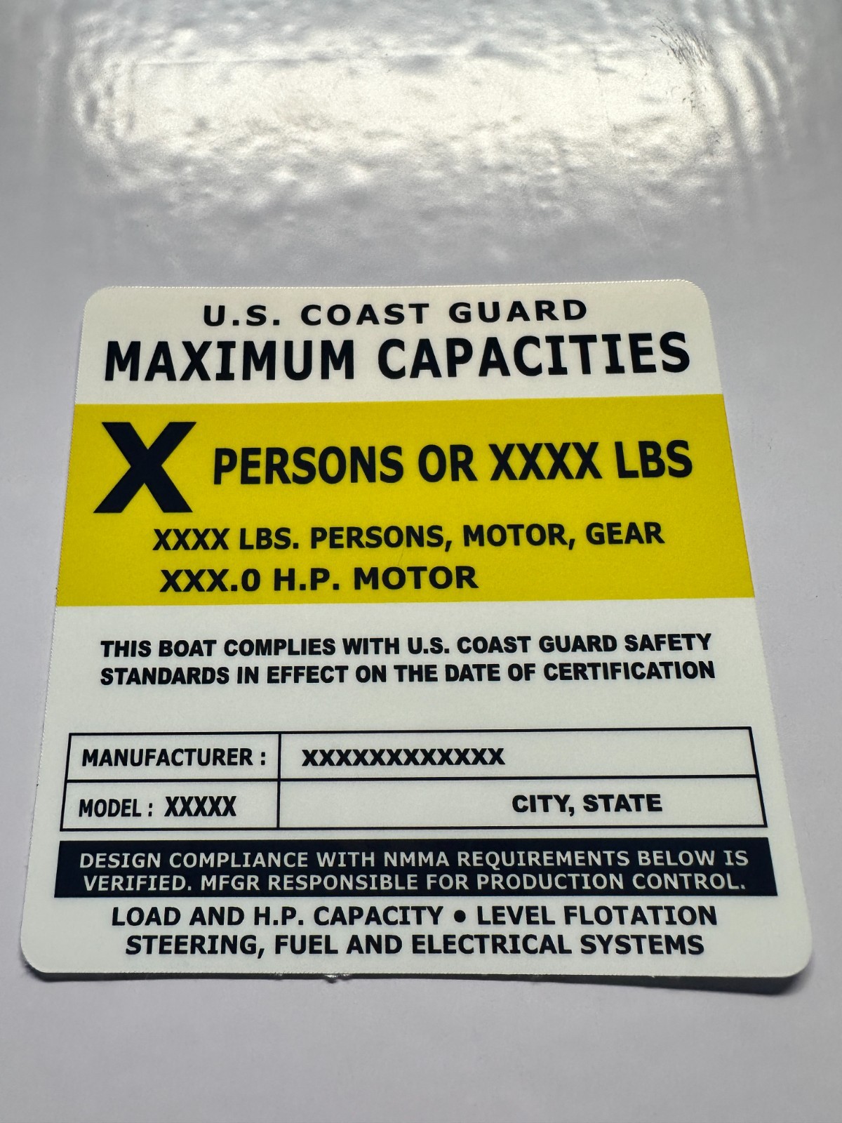 Custom Boat Capacity Plate Decal Sticker | USCG 4x4 Marine Tag 3M