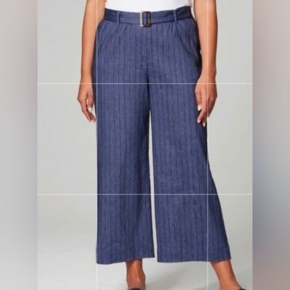 J. Jill Blue Pinstripe Wide Leg Pants Size M Belted Linen Blend Breathable Casua J. Jill Blue Pinstripe Wide Leg Pants Size M Belted Linen Blend Breathable Casua
