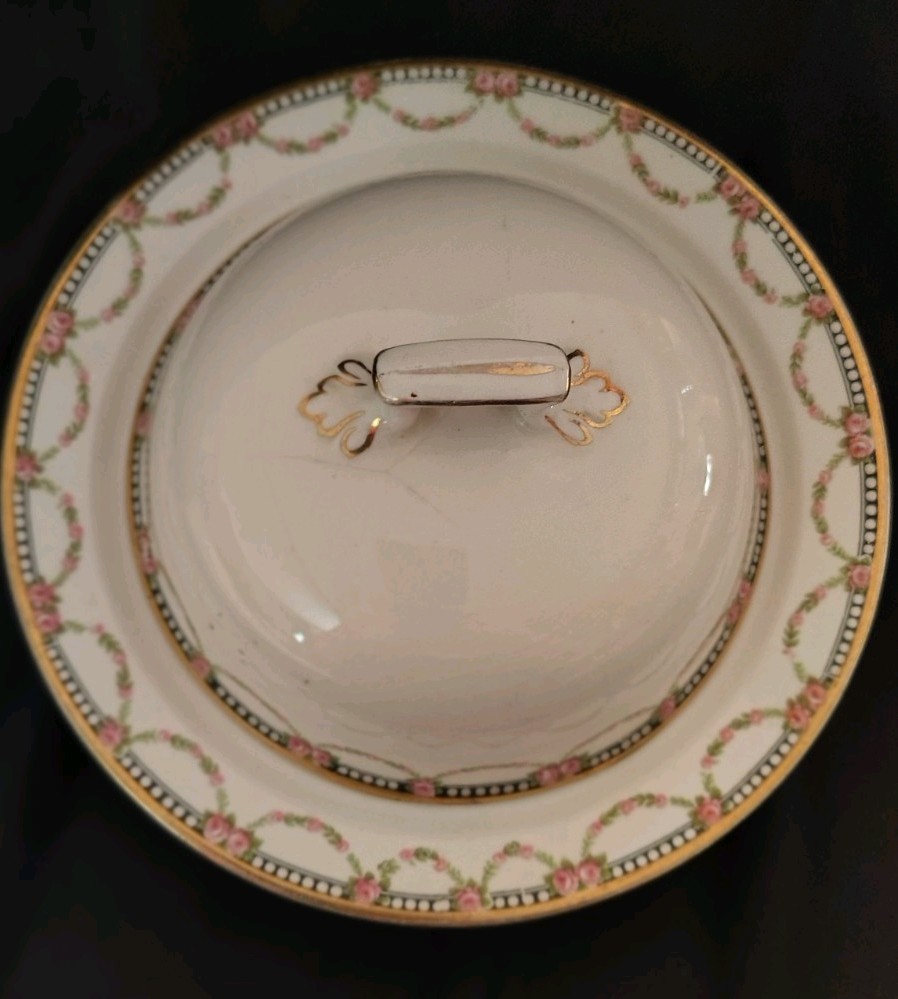 Antique J&G Meakin Ceramic Covered Butter/Cheese Dish, England, Rose Garlands