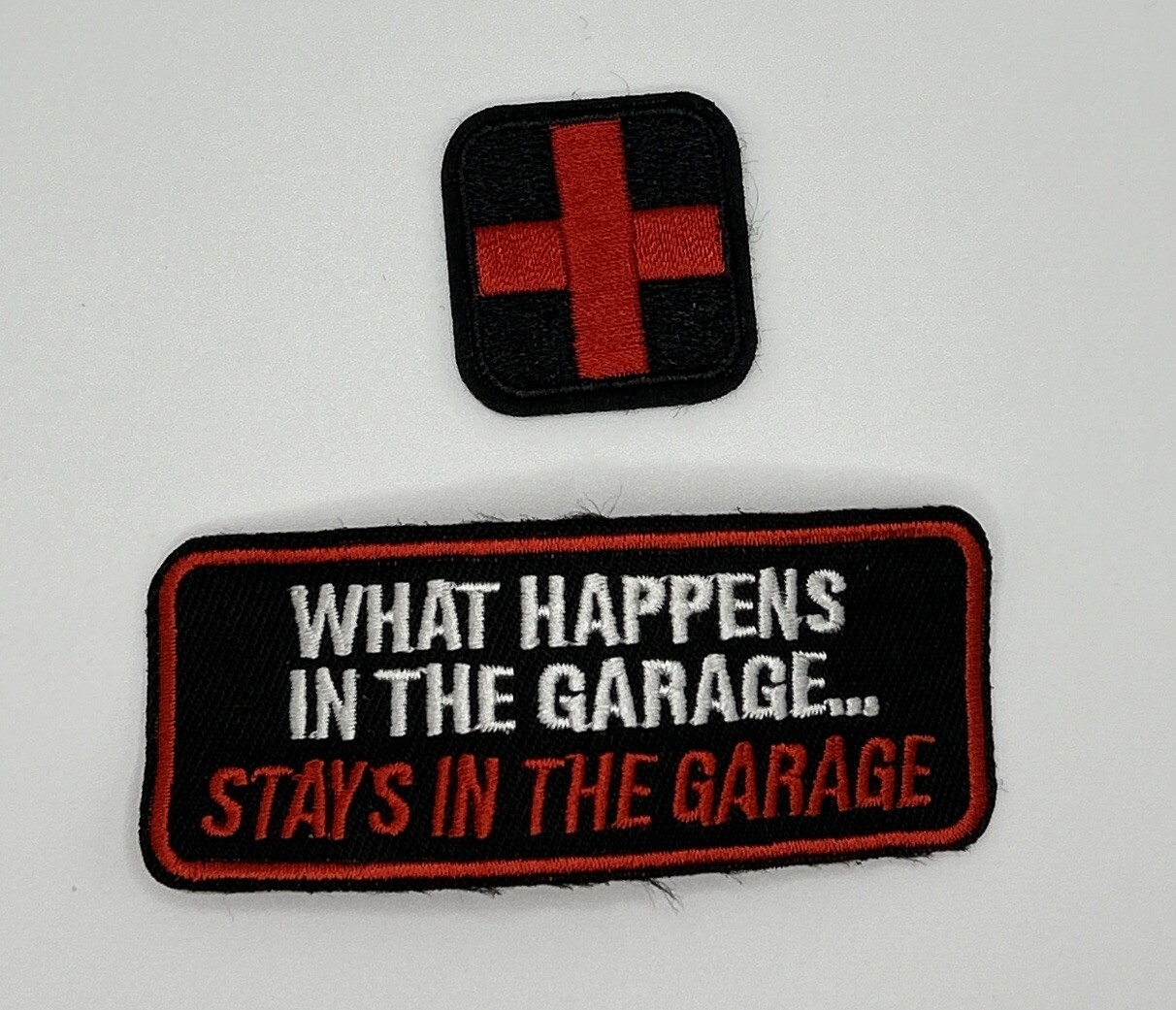 MR ALE x2 Patches Happens In Garage + Plus Symbol Embroidered Iron-/Sew-On P238