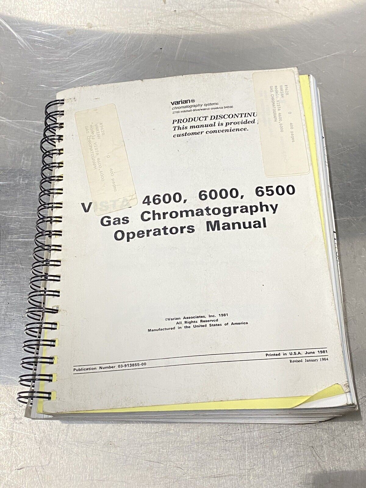 Varian Gas Chromatograph Vista 4600, 6000, 6500 - Users Guide / Manual