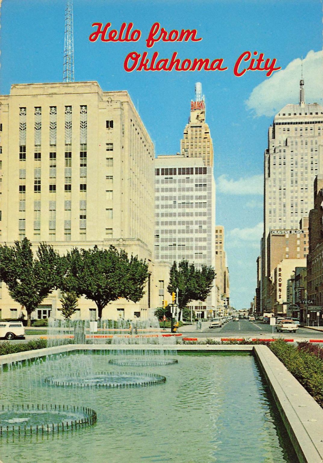 Vintage Hello from Oklahoma City Park Ave Fountain Chrome Postcard 1960s