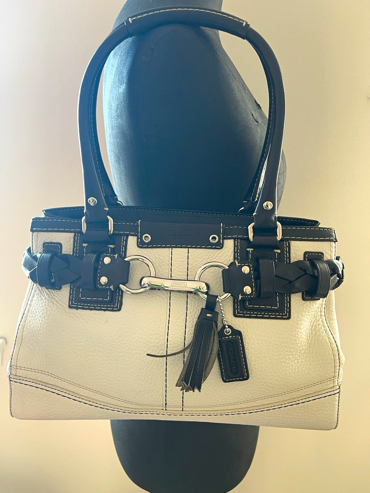 Coach Hamptons Braided Satchel white leather handbag with black braided strap