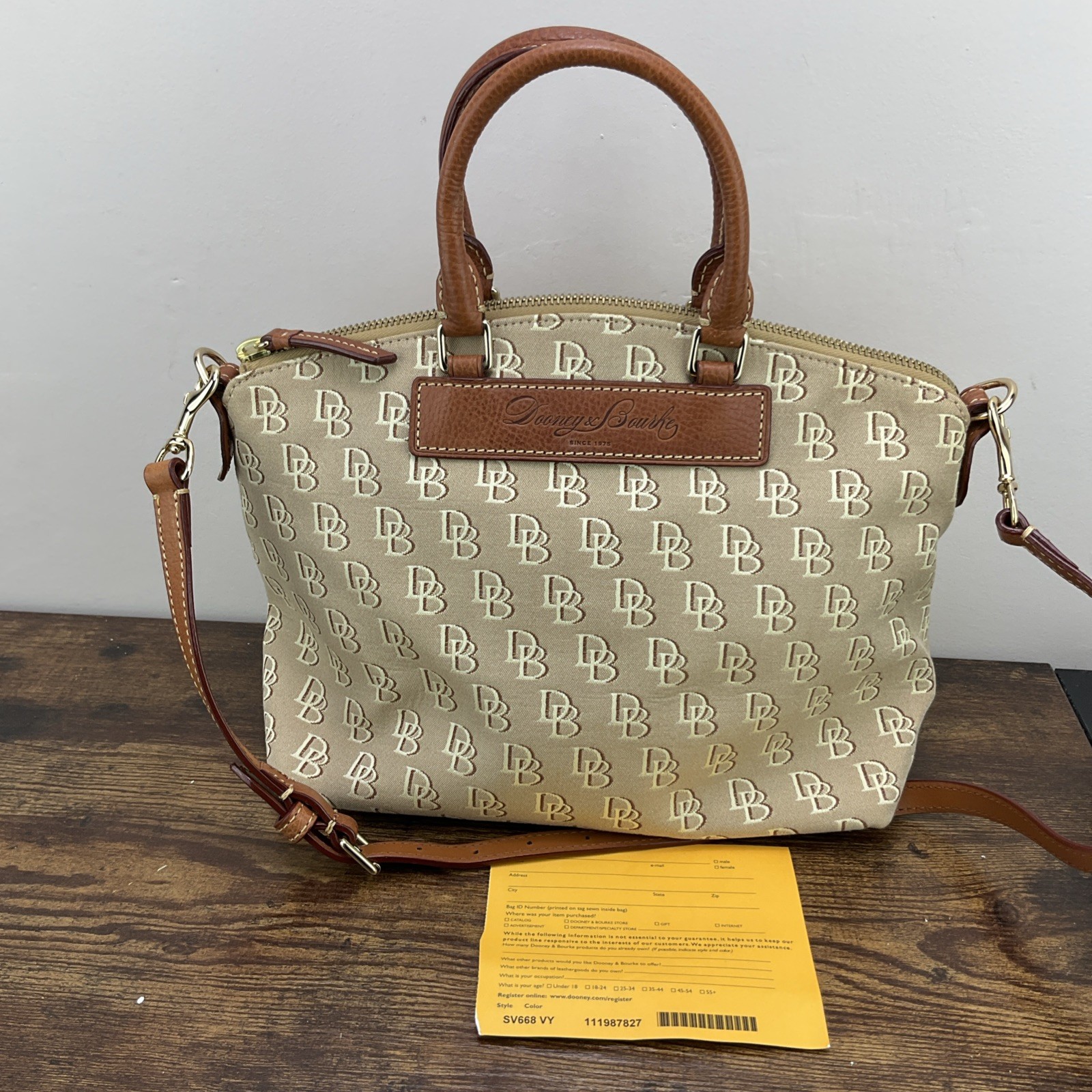 Dooney & Bourke Tan Monogram Satchel Zip Top Detachable Strap Gold Hardware Dooney & Bourke Tan Monogram Satchel Zip Top Detachable Strap Gold Hardware