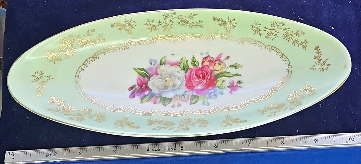 Antique Aynsley Bone China Oval Platter Hand Painted Floral Green Gold 15 Antique Aynsley Bone China Oval Platter Hand Painted Floral Green Gold 15