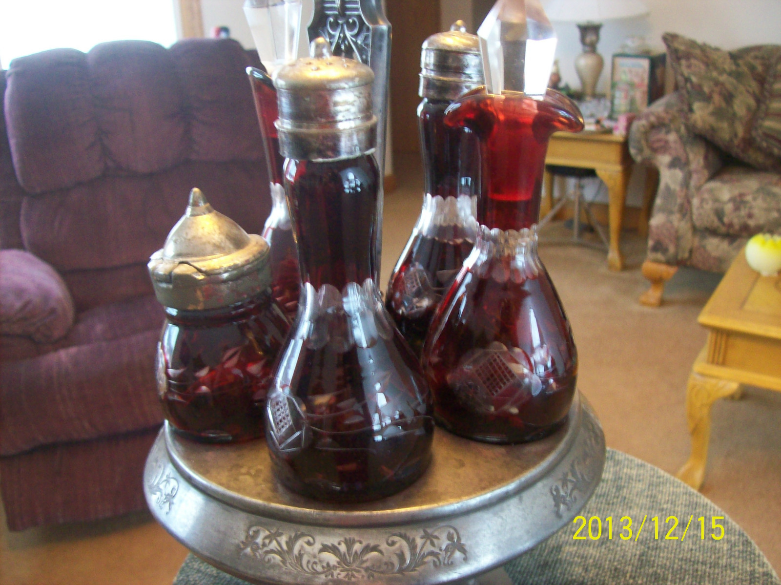 R. Strickland Silver Plate & Ruby Glass Antique Bohemian Ruby Etched Cruet Set 