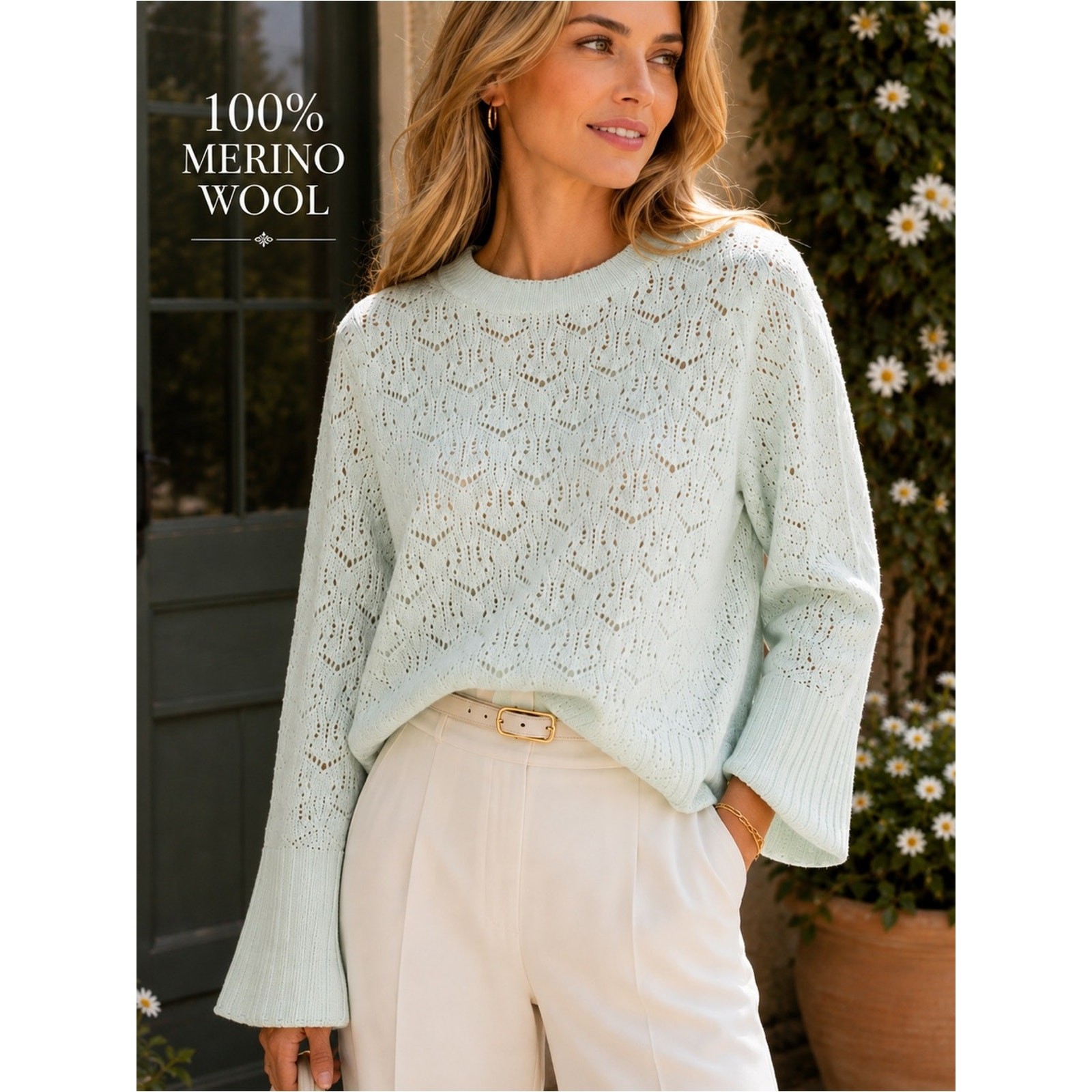 J.Crew 100% Merino Wool Mint Green Pointelle Bell Sleeve Sweater Size S