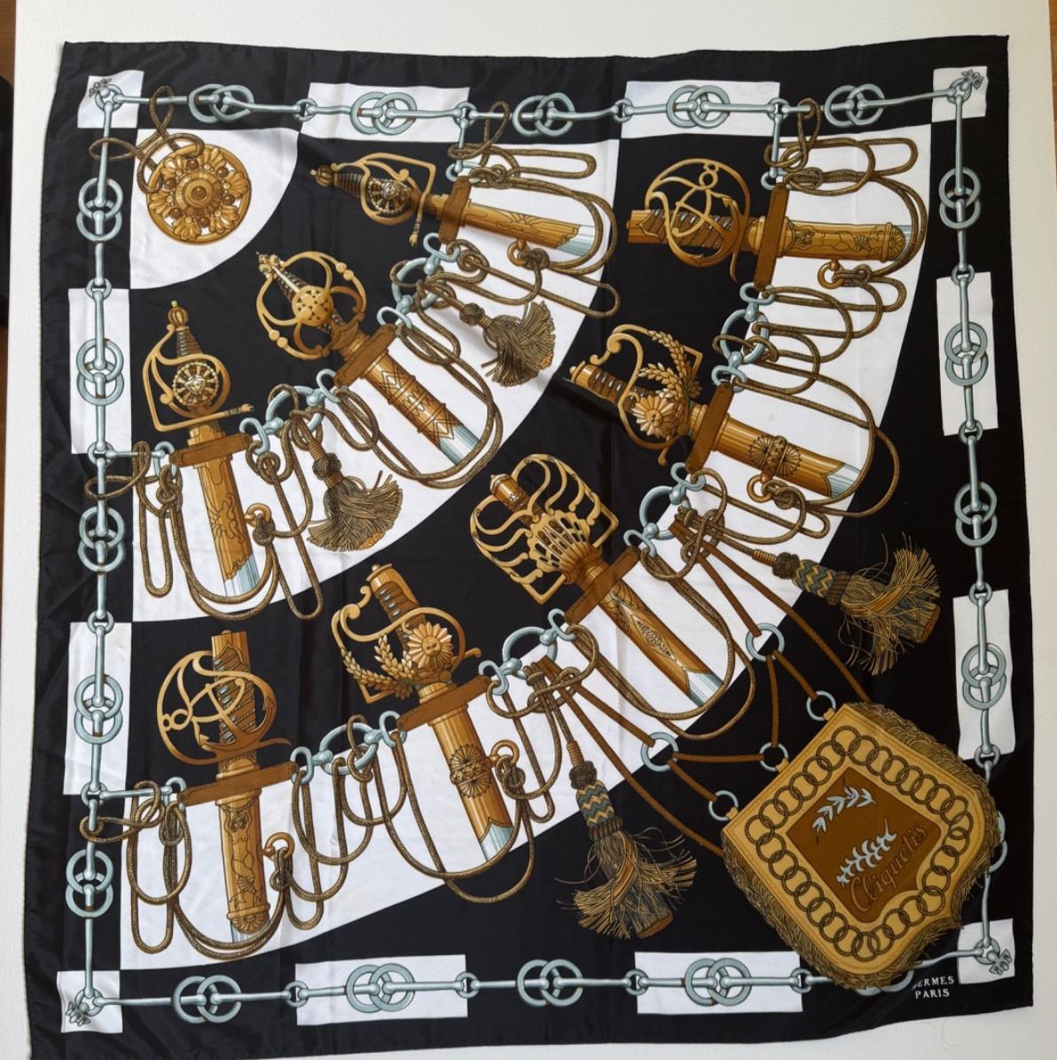 Hermes Paris Cliquetis Silk Scarf 90 Black Gold Julie Abadie Vintage Unworn Hermes Paris Cliquetis Silk Scarf 90 Black Gold Julie Abadie Vintage Unworn
