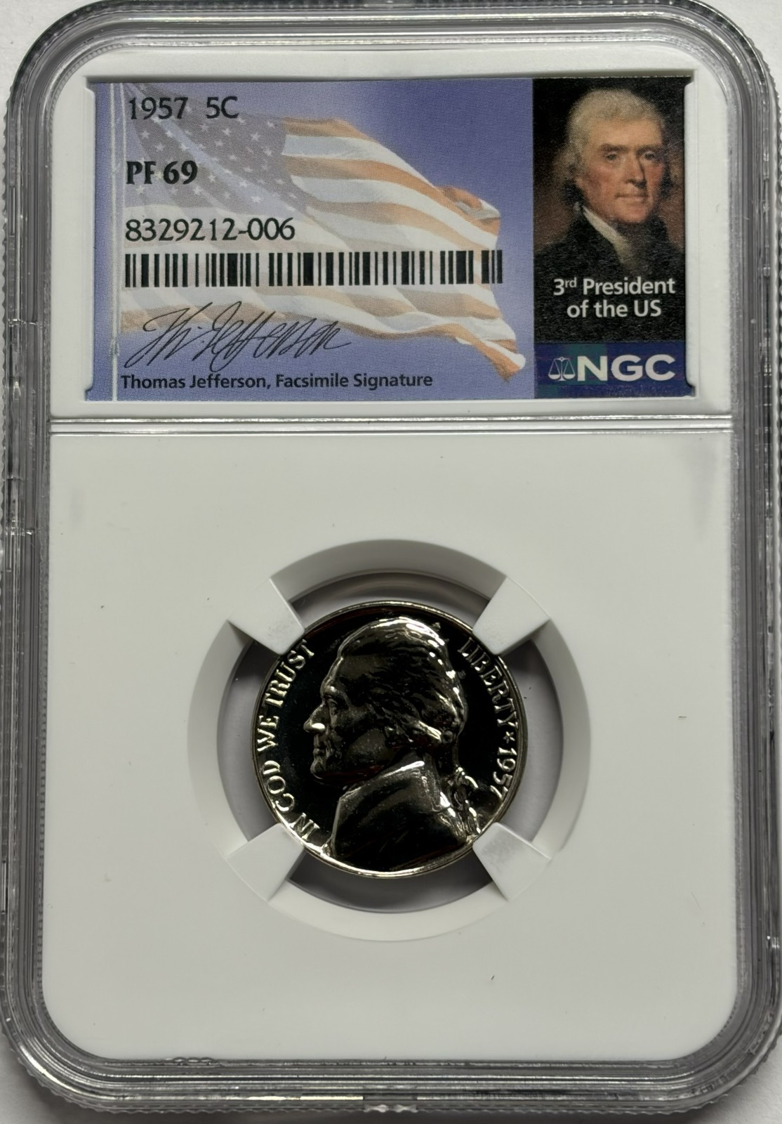 1957 NGC PF69 Proof Thomas Jefferson Nickel Portrait Signature Label Top Pop