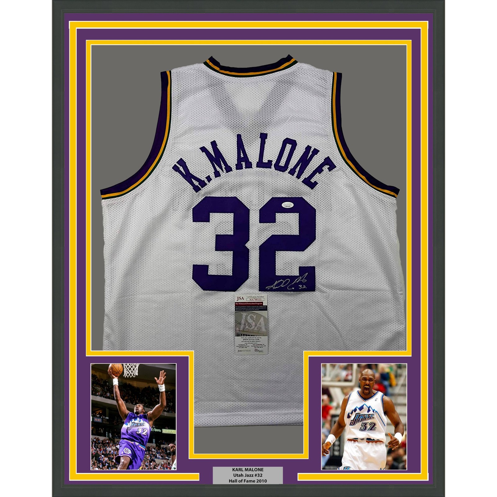 Framed Autographed/Signed Karl Malone 35x39 Utah White Retro Jersey J Framed Autographed/Signed Karl Malone 35x39 Utah White Retro Jersey J