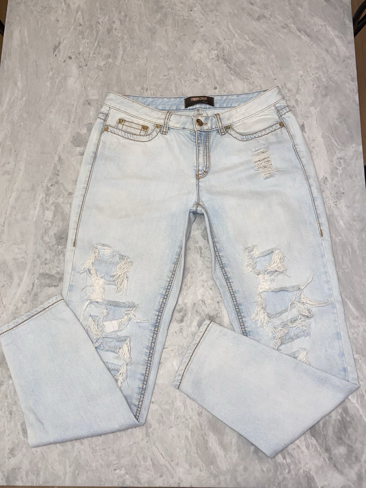 Roberto Cavalli Vintage Bleach Wash Distressed Jeans Ripped Straight Y2K IT 44