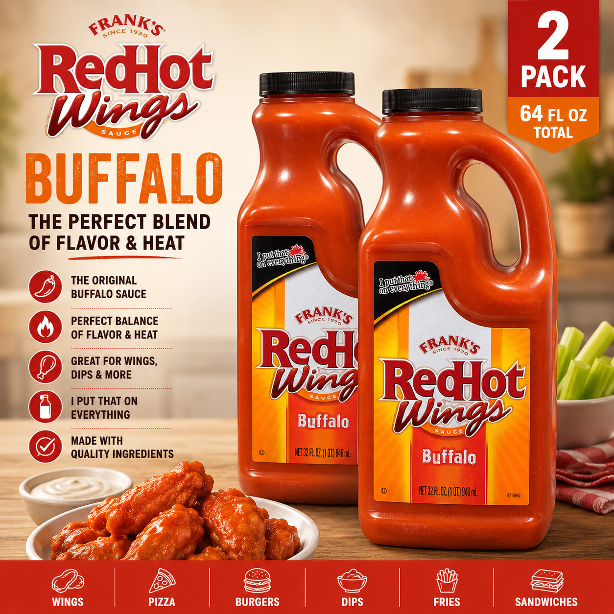 Frank\'s RedHot Kosher Buffalo Wing Sauce, 32.0 fl oz Jug PACK OF 2