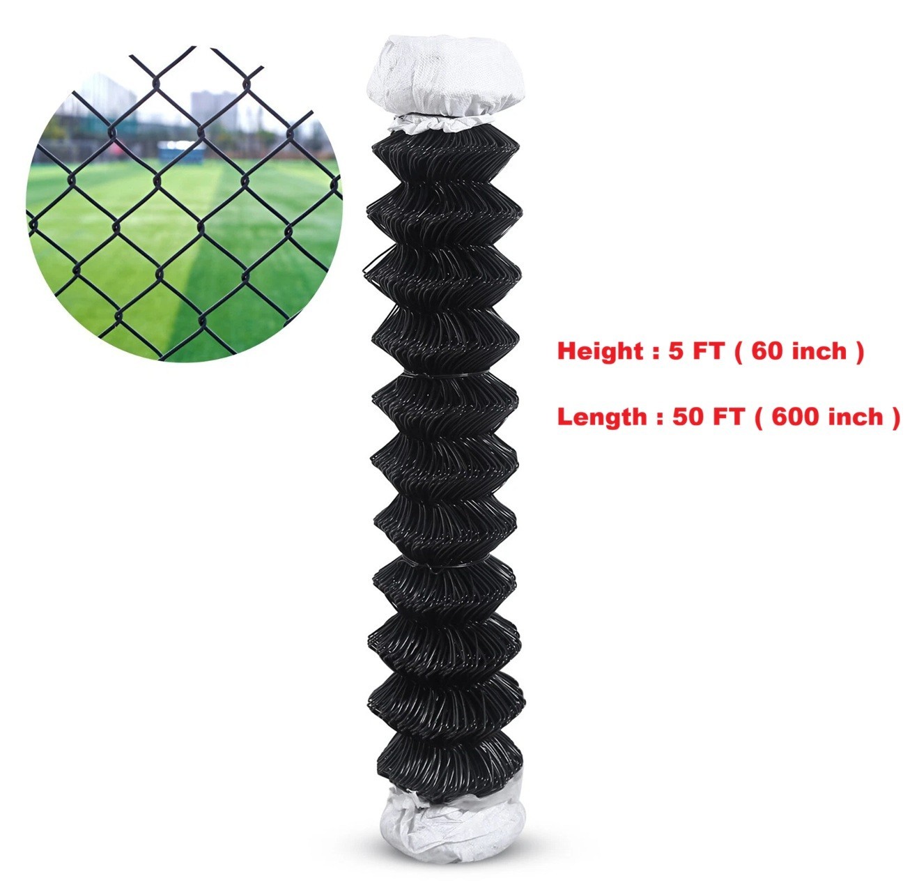5 Ft x 50 Ft Black PVC coated Chain link fence 11.5G Galvanized Steel (60x600in)