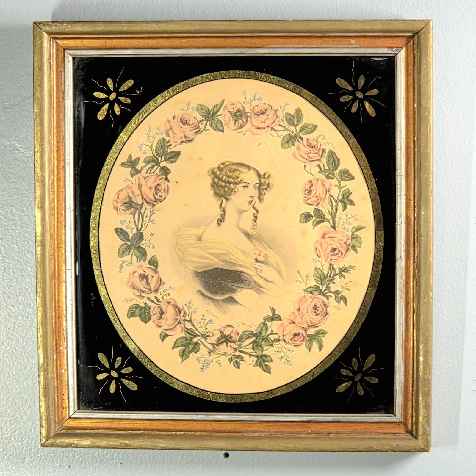 Antique Reverse Painted Glass Portrait Lithograph Victorian Lady
