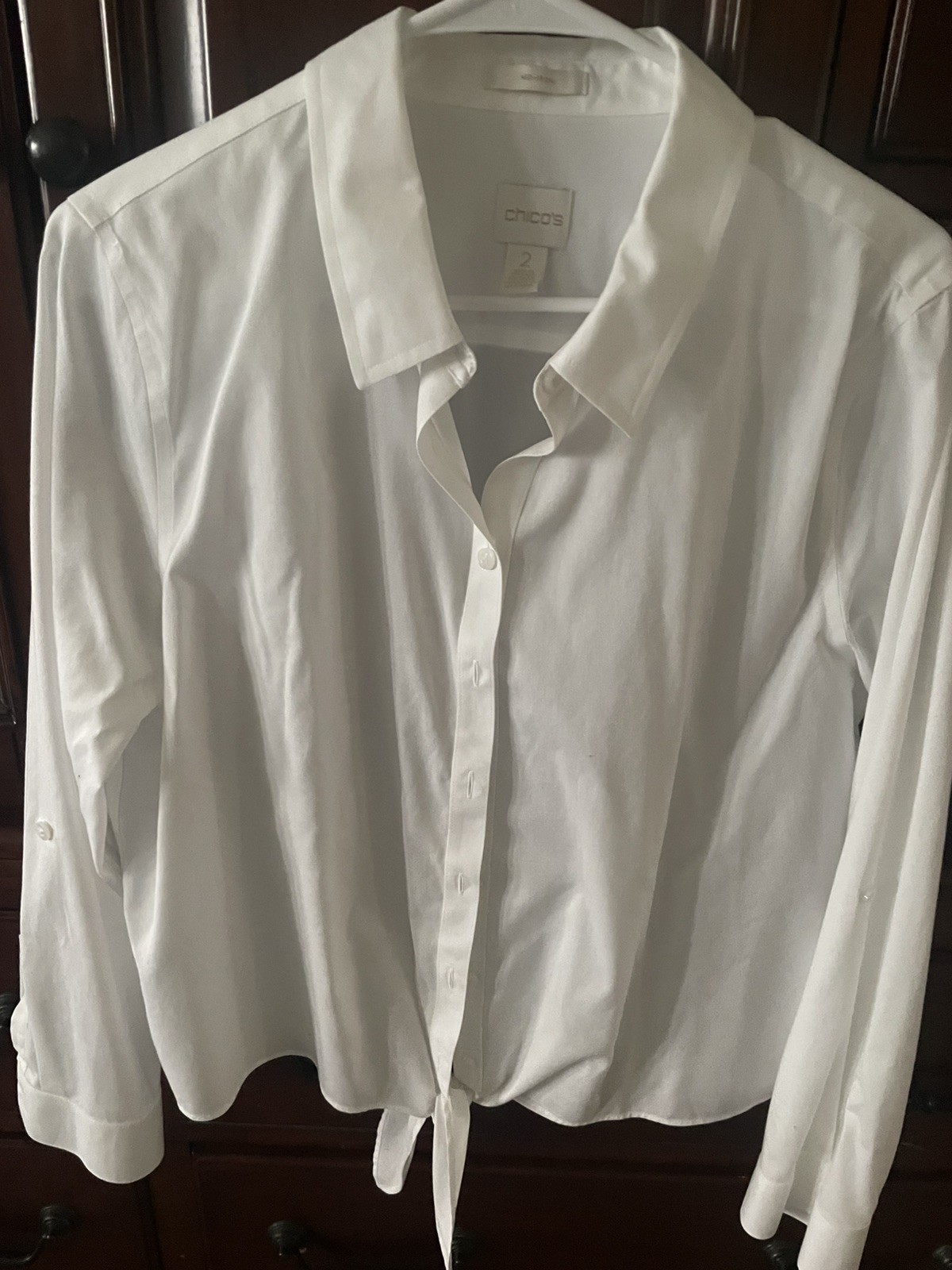 NWT Chico’s White No Iron Effortless Tyree Button Up Tie Roll Tab Shirt -2 12/14