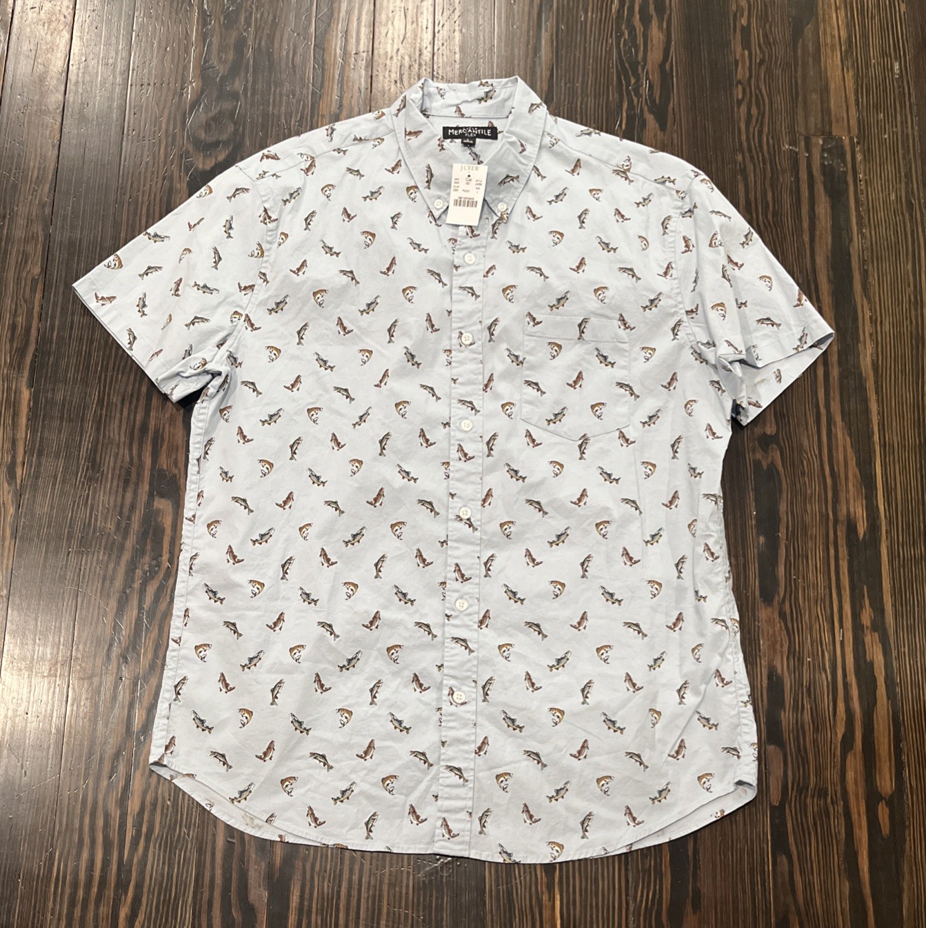 J. Crew Mercantile Flex Button Down Shirt Men’s Large Blue Fish AOP Cotton NEW