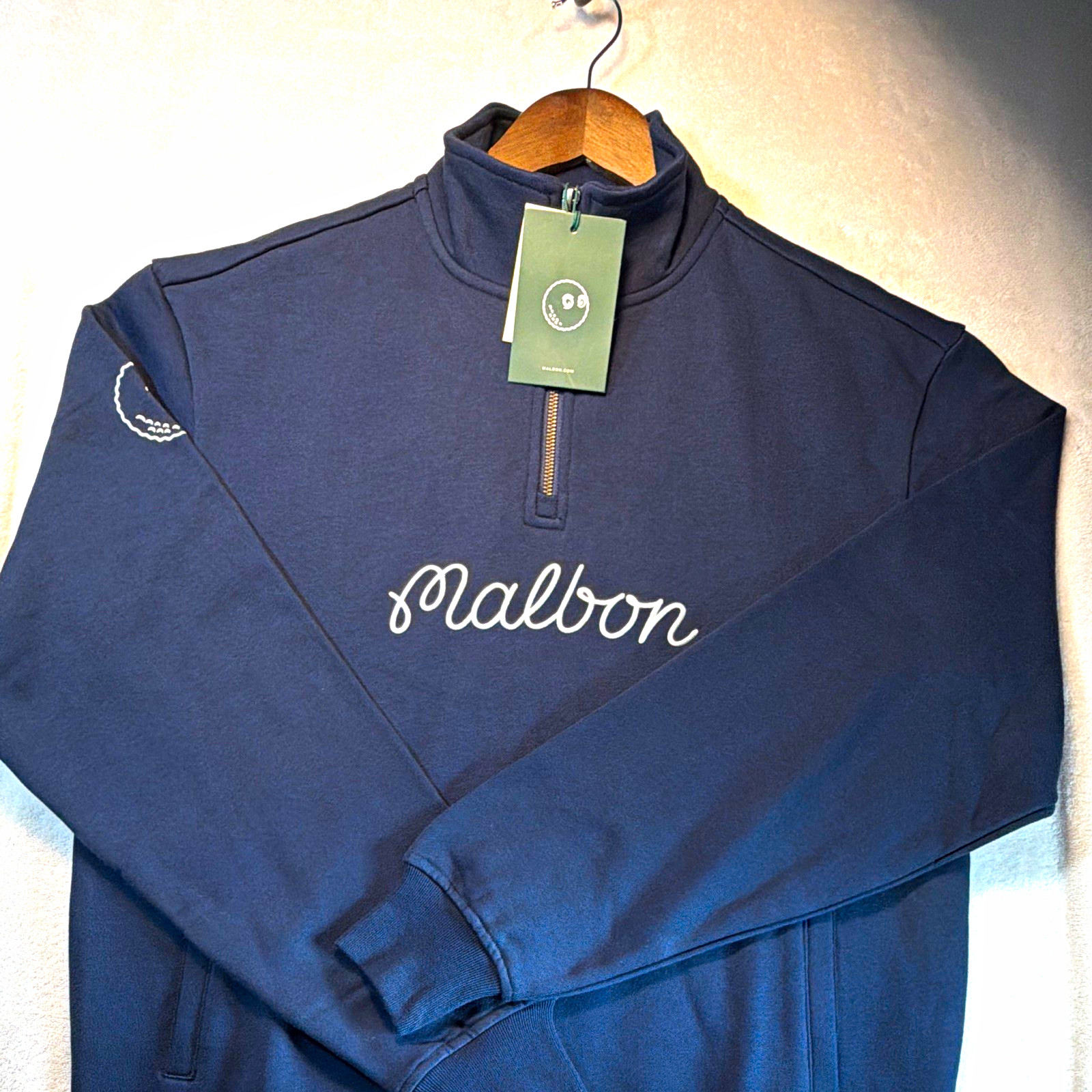 Malbon Golf Men\'s Navy Solid 1/4 Zip Mock Neck Sweatshirt Embroidered Logo S NWT