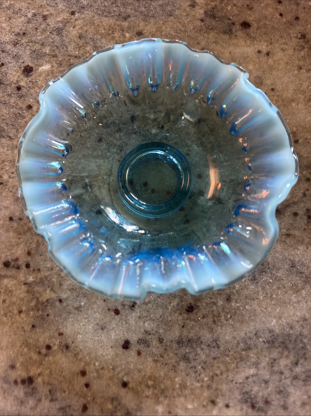 Vintage Fenton Blue Opalescent Aqua Crested Ruffled Glass Bowl 5” Vintage Fenton Blue Opalescent Aqua Crested Ruffled Glass Bowl 5”