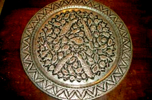 Vintage Hand Engraved Persian Peacock Tray Tinned Copper Huge Stunning Asian 19