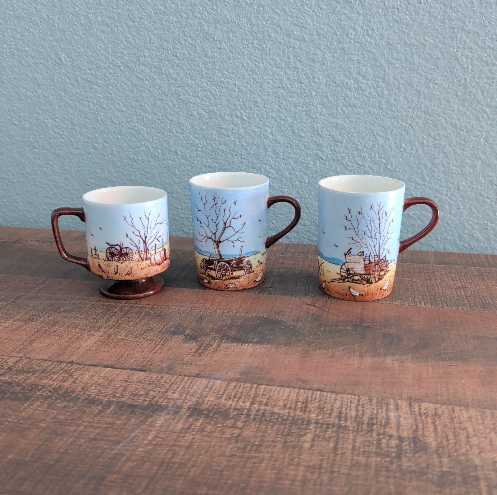 Vintage Vada Woodell Hand Painted Western Mugs Set 1975 1981 Quail Truck Wagon