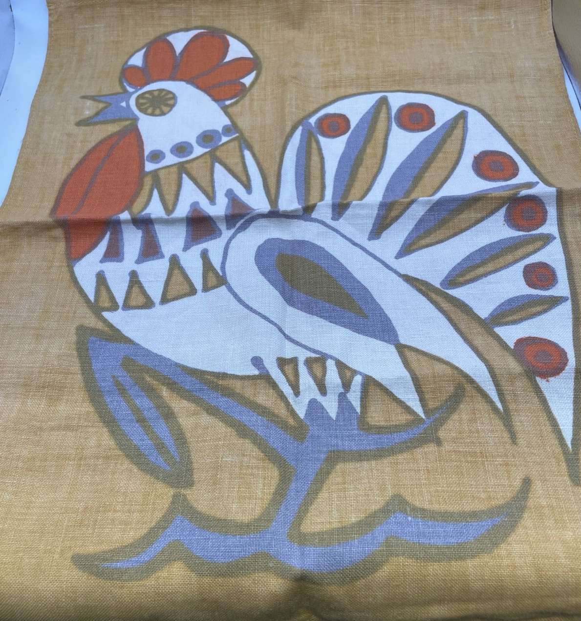 Vintage MCM stylized Folk Art “Rooster” Textile by Rolf Hanson Norway for Plus