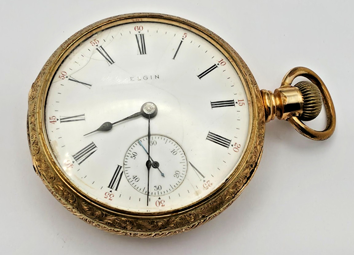 Antique Elgin 15J Pocket Watch Ornate Mascot Open Case Running 18s, Gr 217, M 4
