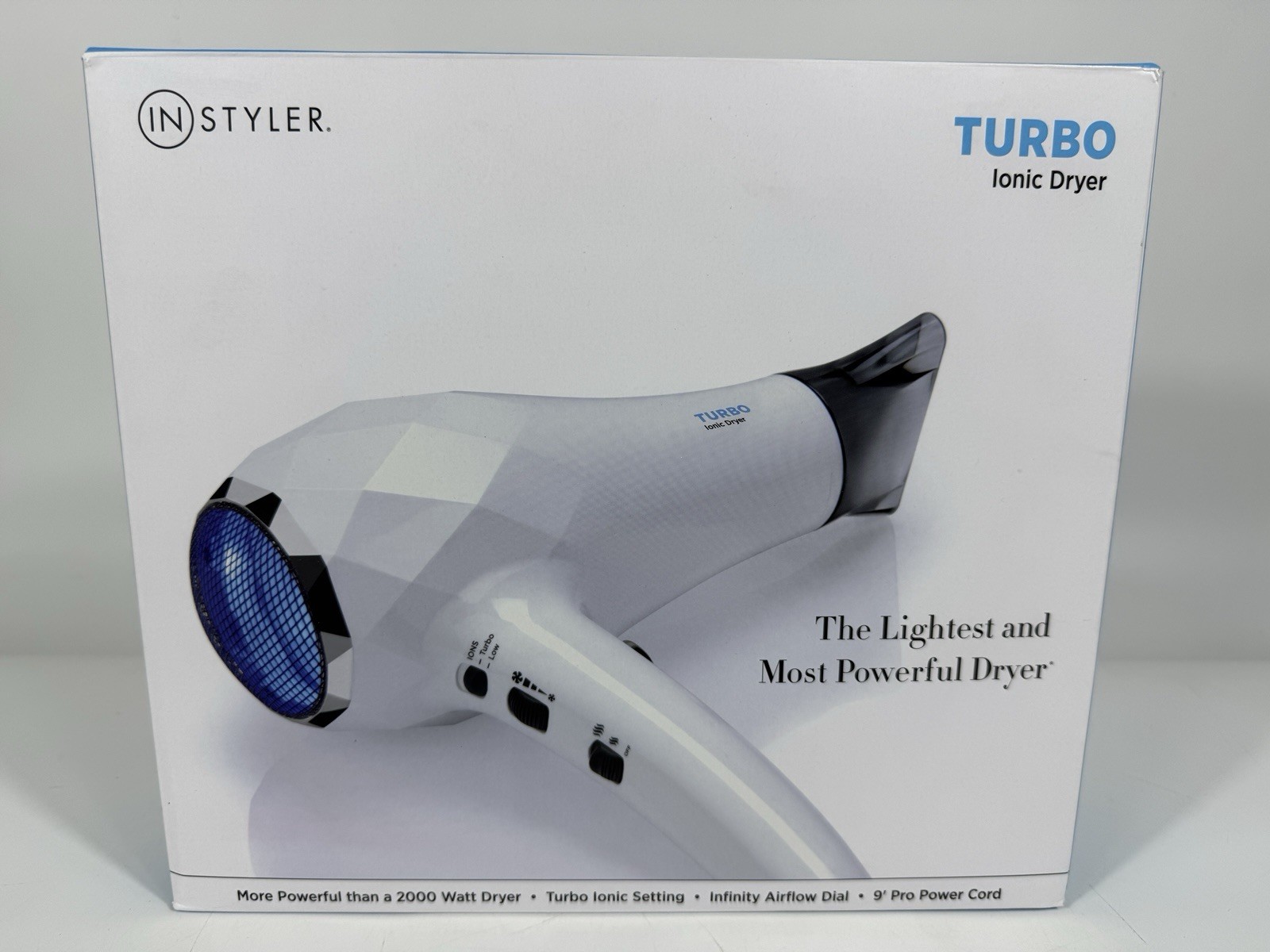 InStyler Blu Turbo Ionic Hair Dryer White with Cool Shot 2 Heat Settings