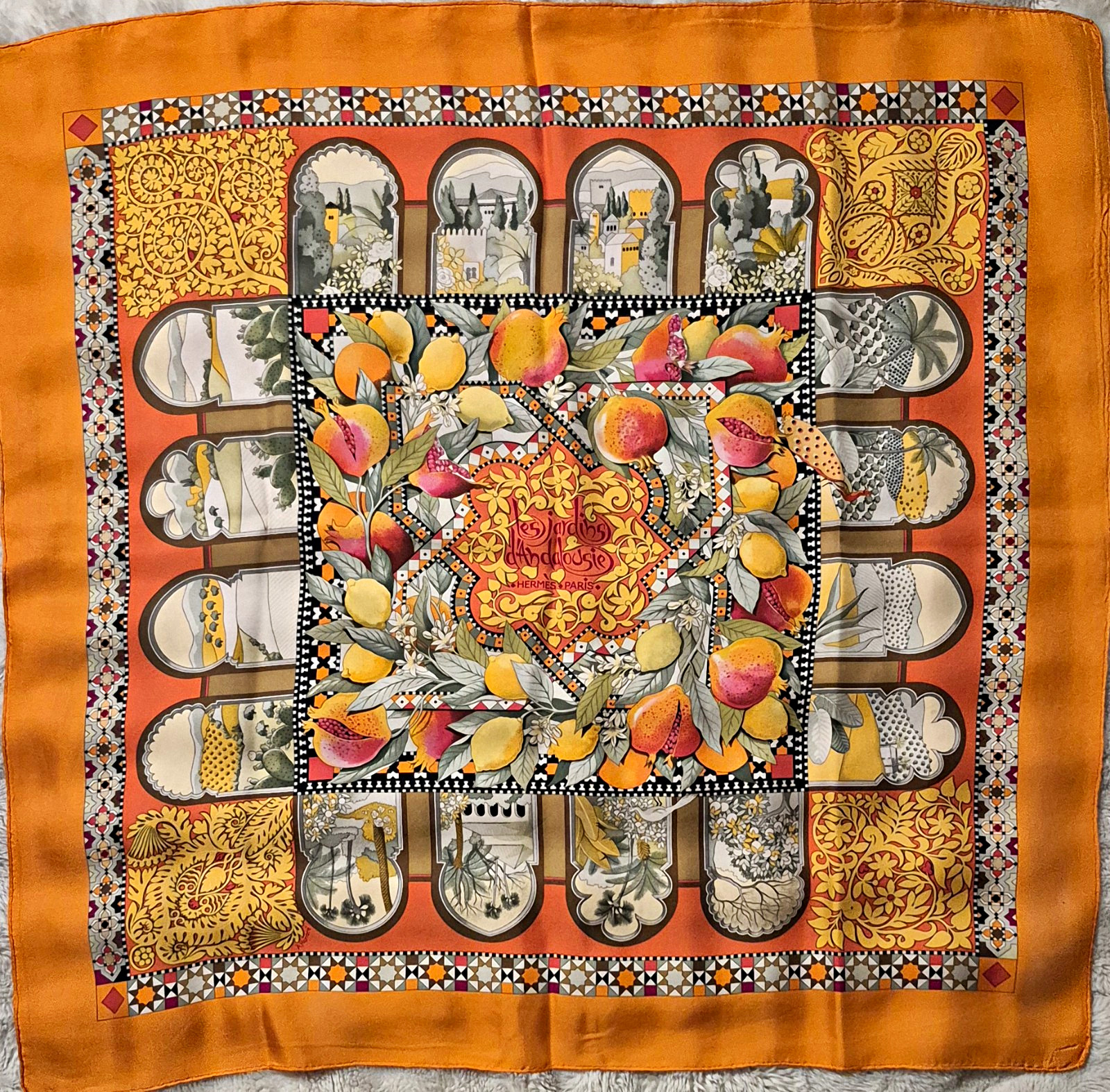 Rare Hermès Carré 90 Les Jardins d\'Andalousie Silk Scarf Orange A. Honoré