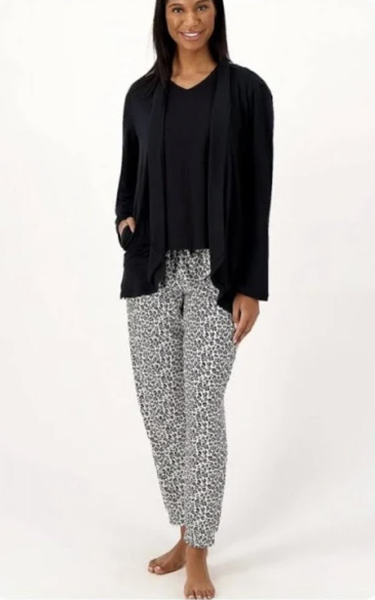 Muk Luks Tall Cloud Knit and Slub Knit 3-Piece Set Black/Animal L New Muk Luks Tall Cloud Knit and Slub Knit 3-Piece Set Black/Animal L New