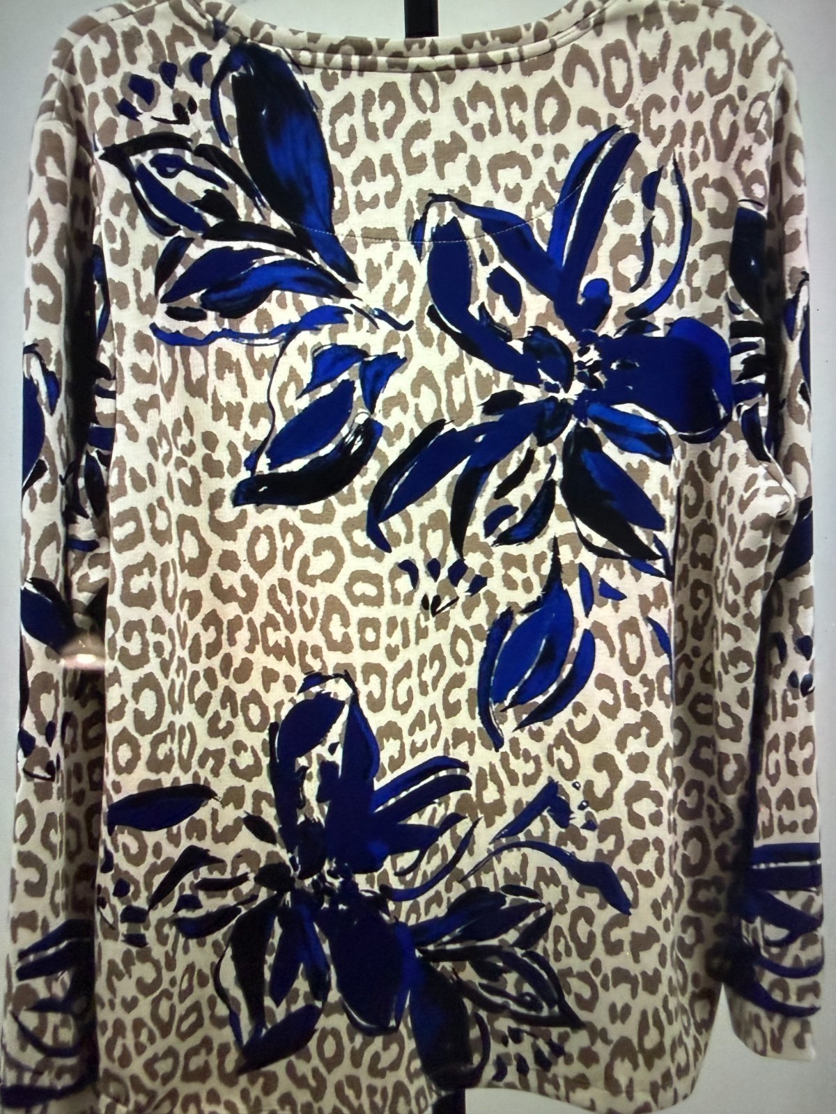 Chicos Blue Beige Floral Leopard Print Zenergy Long Sleeve Top Shirt XL 3 Smokey