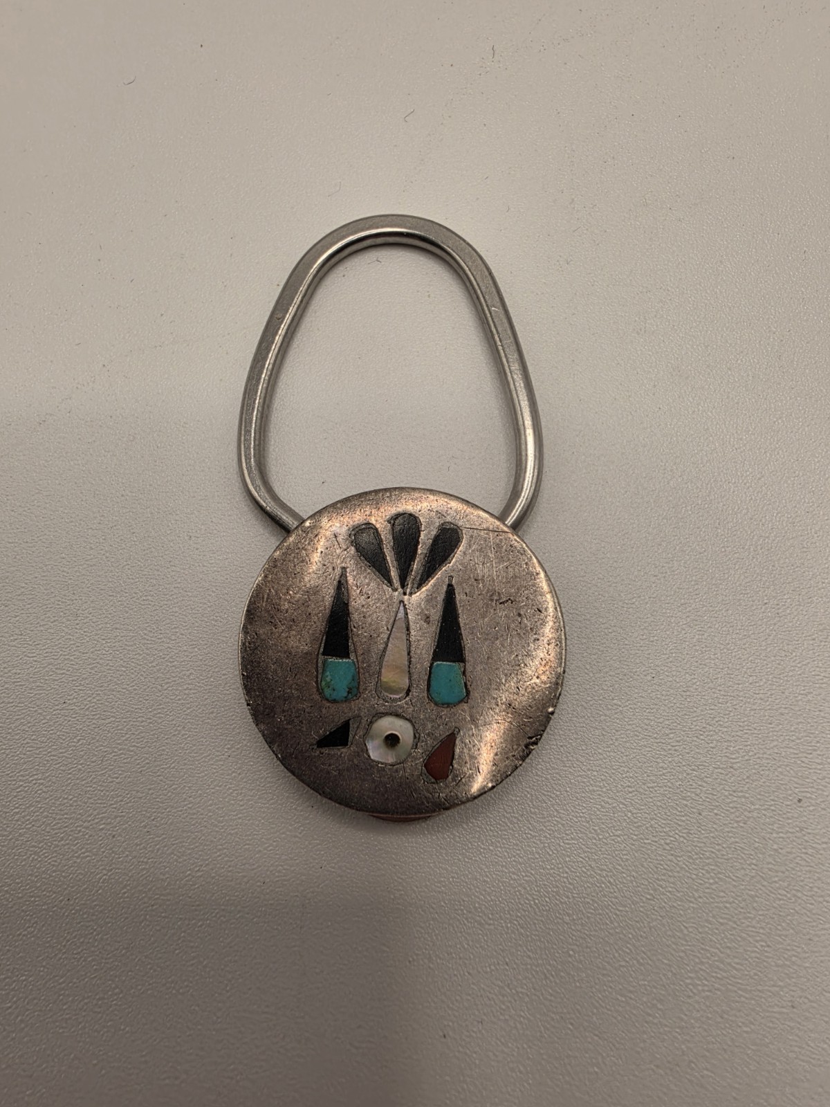 Vintage Zuni Thunderbird Multi Stone Inlay Silver Keychain