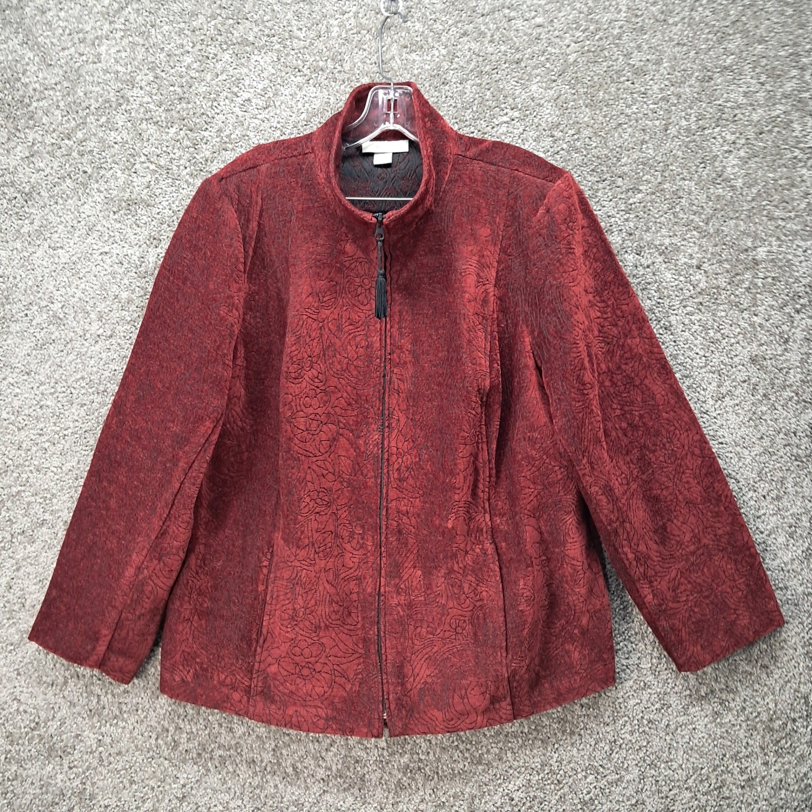 Dressbarn Woman Jacket 2X Red Black Floral Jacquard Zip Up Mock Neck Tassel