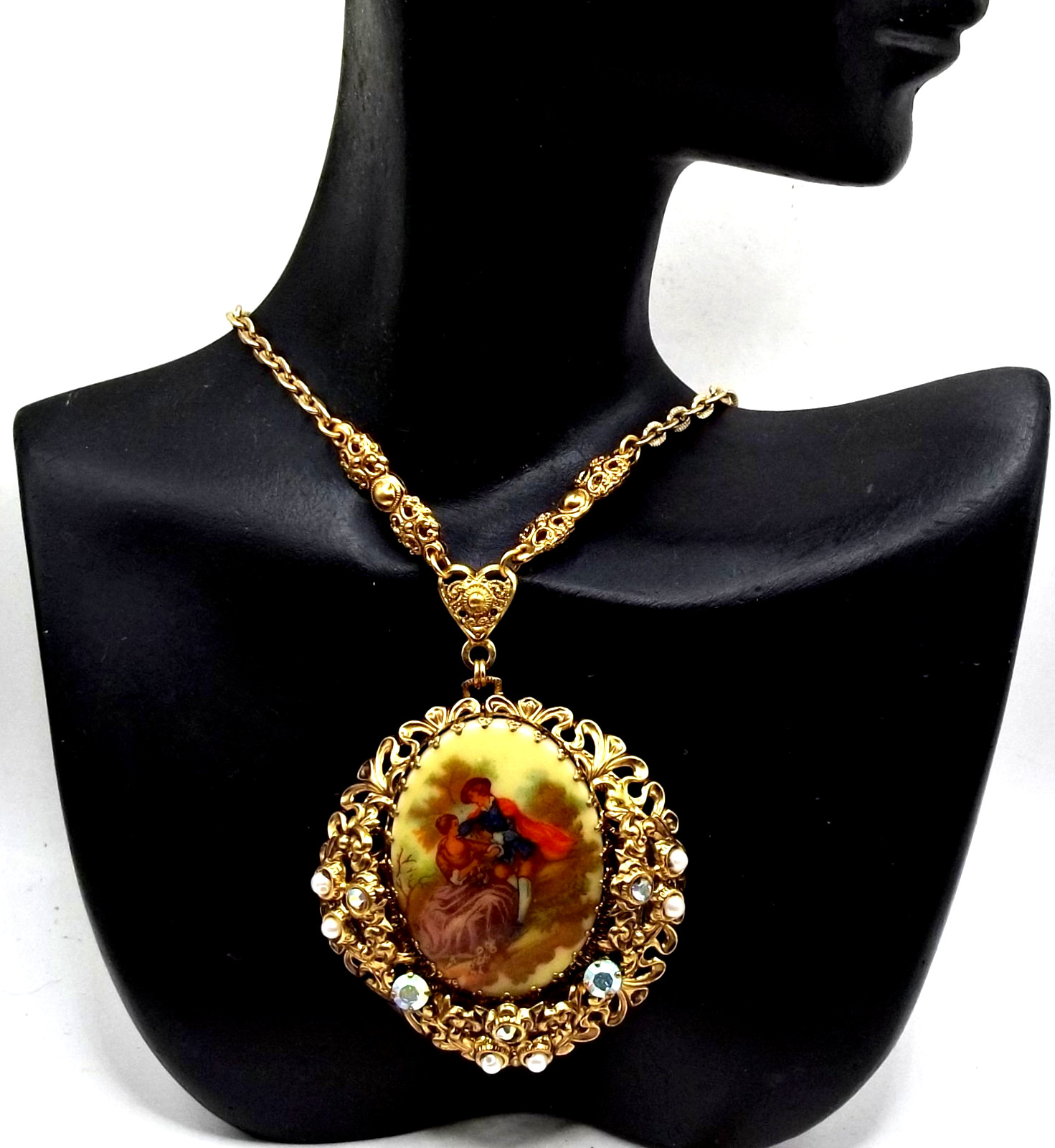 Vintage W Germany 50s Necklace Fx Pearl AB Filigree Porcelain Courting Portrait