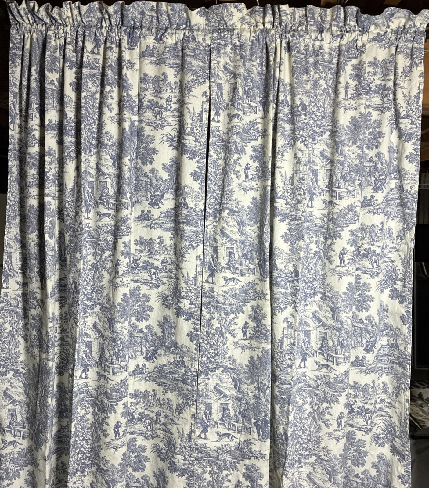FRENCH COUNTRY FARMHOUSE COTTAGE TOILE Blue Cotton Each Panel 36wide x 60 long FRENCH COUNTRY FARMHOUSE COTTAGE TOILE Blue Cotton Each Panel 36wide x 60 long