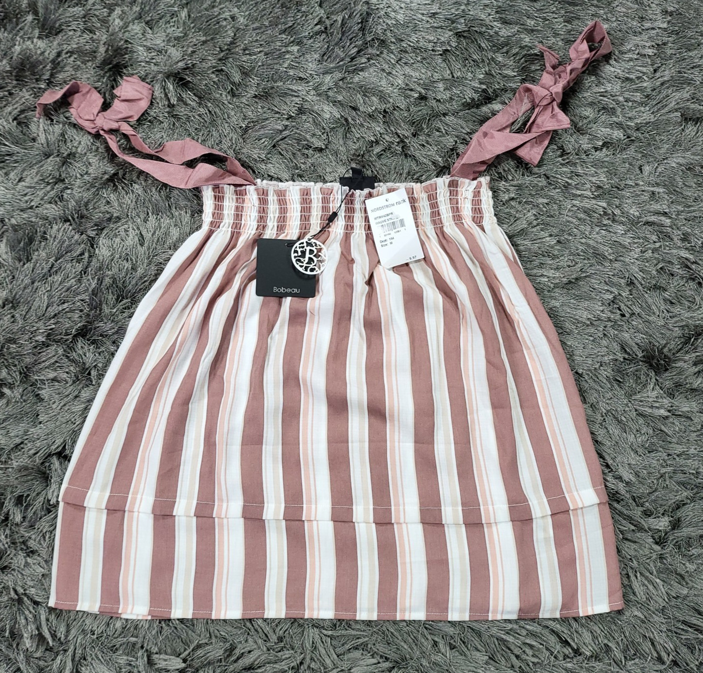 Bobeau Crop Top Womens Medium Red White Striped Smocked Classic Ribbon Strap NWT