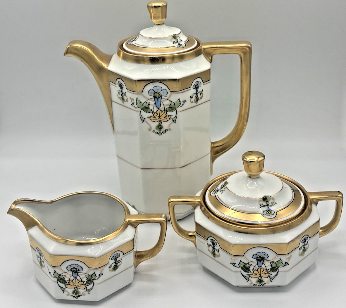 Antique Pickard China Art Deco Chocolate Pot Creamer Sugar Set Gold Hand Painted Antique Pickard China Art Deco Chocolate Pot Creamer Sugar Set Gold Hand Painted